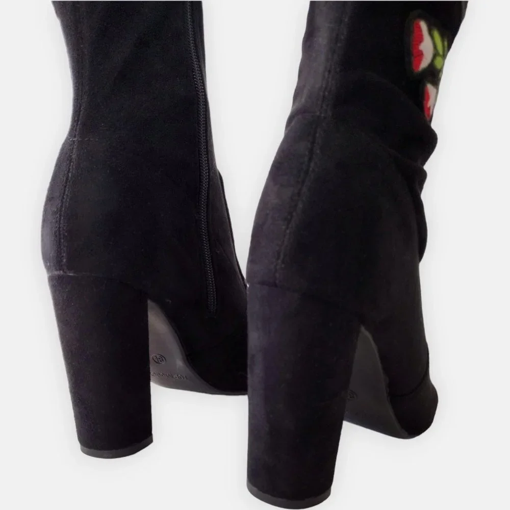 Top Moda Black Suede Floral Embroidered Over The Knee Boots 8.5
